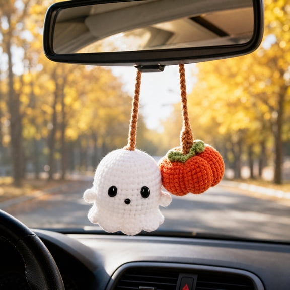 Halloween Crochet Ghost & Pumpkin Car Mirror Hanging Accessories,Handmade Knitted Ornament Pendant for Car Interior,Handbags,Backpacks