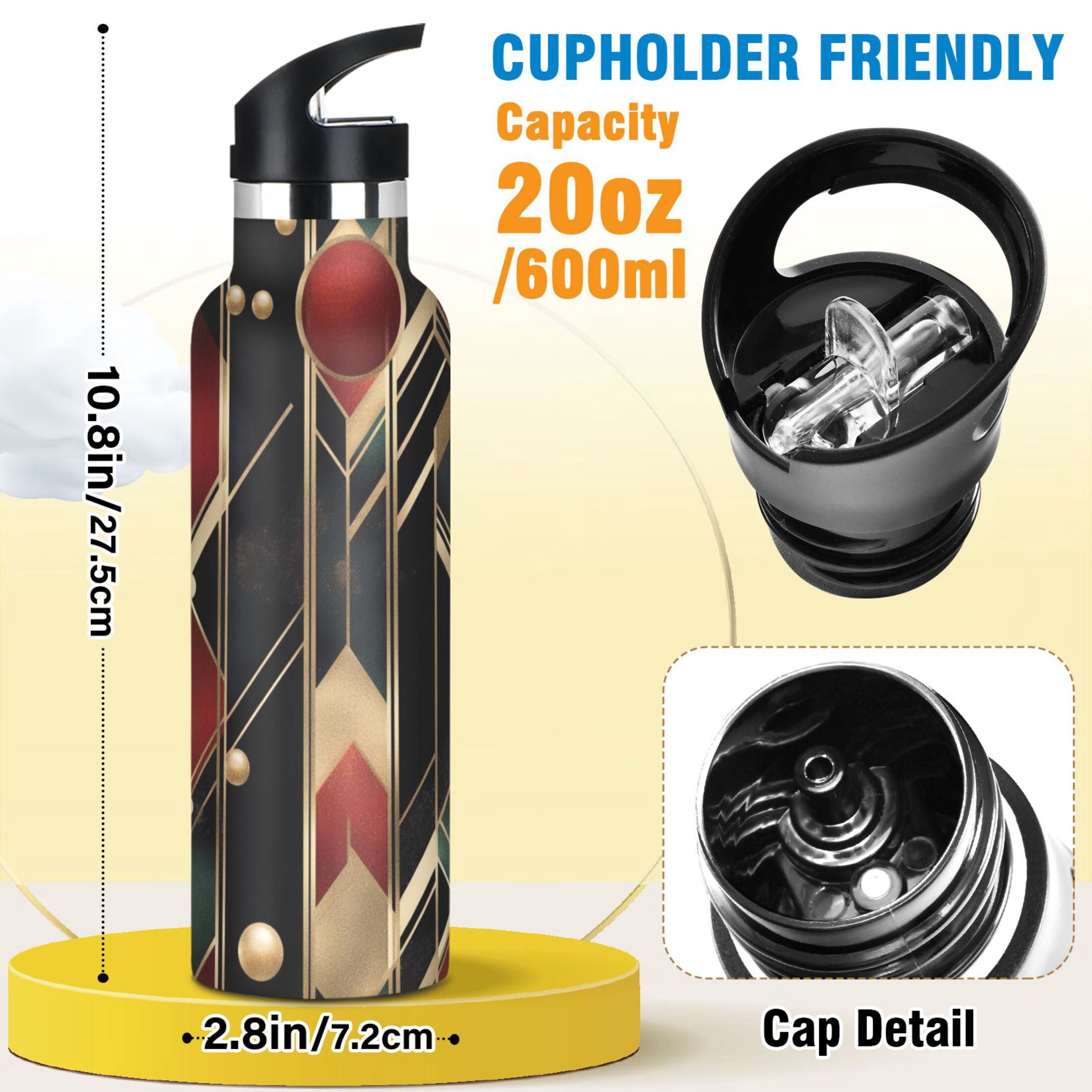 Kids Insulated Stainless Steel Sports Water Bottle 600ml (20oz) Geometric Shapes and Bold Lines
