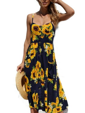 Women Holiday Strappy Floral Maxi Dresses Summer Beach Party Midi Swing Sundress