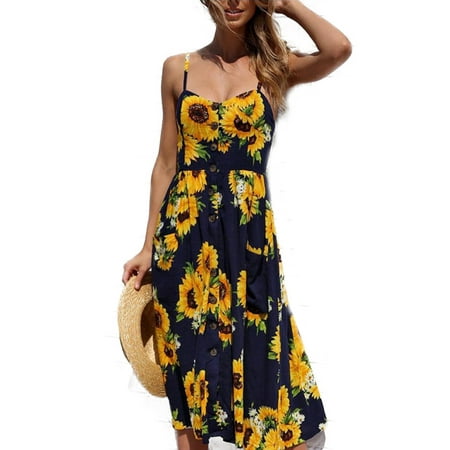 Women Holiday Strappy Floral Maxi Dresses Summer Beach Party Midi Swing Sundress