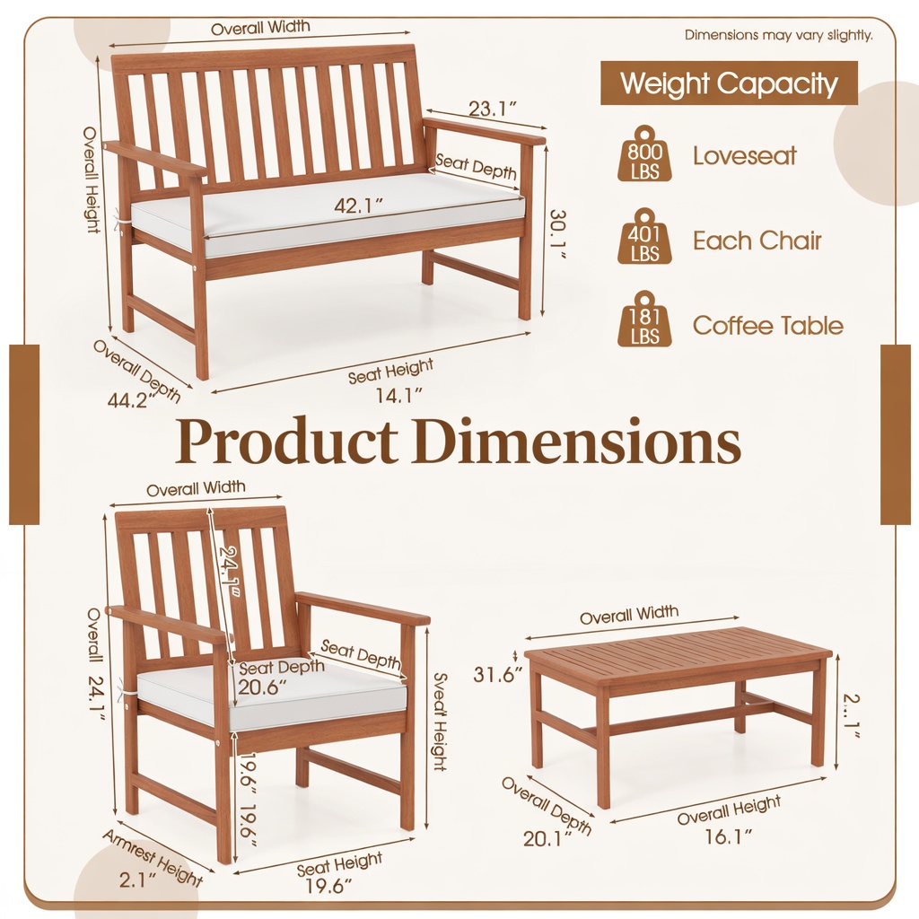 Hommoo 4-Piece Acacia Wood Outdoor Furniture Set, Wood Loveseat & Armchairs with Cushions, Coffee Table, Durable, Weather-Resistant Patio Set for Backyard, Porch & Poolside, White