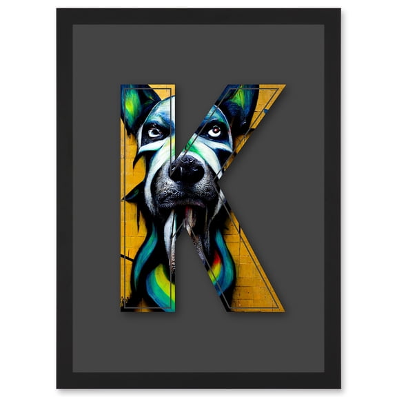 Letter K Dog Face Yellow Decorative Graffiti Mural Alphabet Initial Stencil Artwork Framed Wall Art Print A4