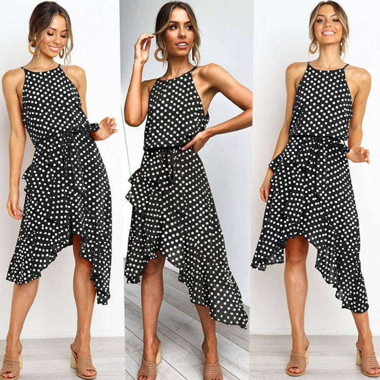 Jggspwm Round Neck Sleeveless Polka Dot Midi Dress High Waist Asymmetric Hem Ruffle Details Dresses Black L, Women's, Size: Large