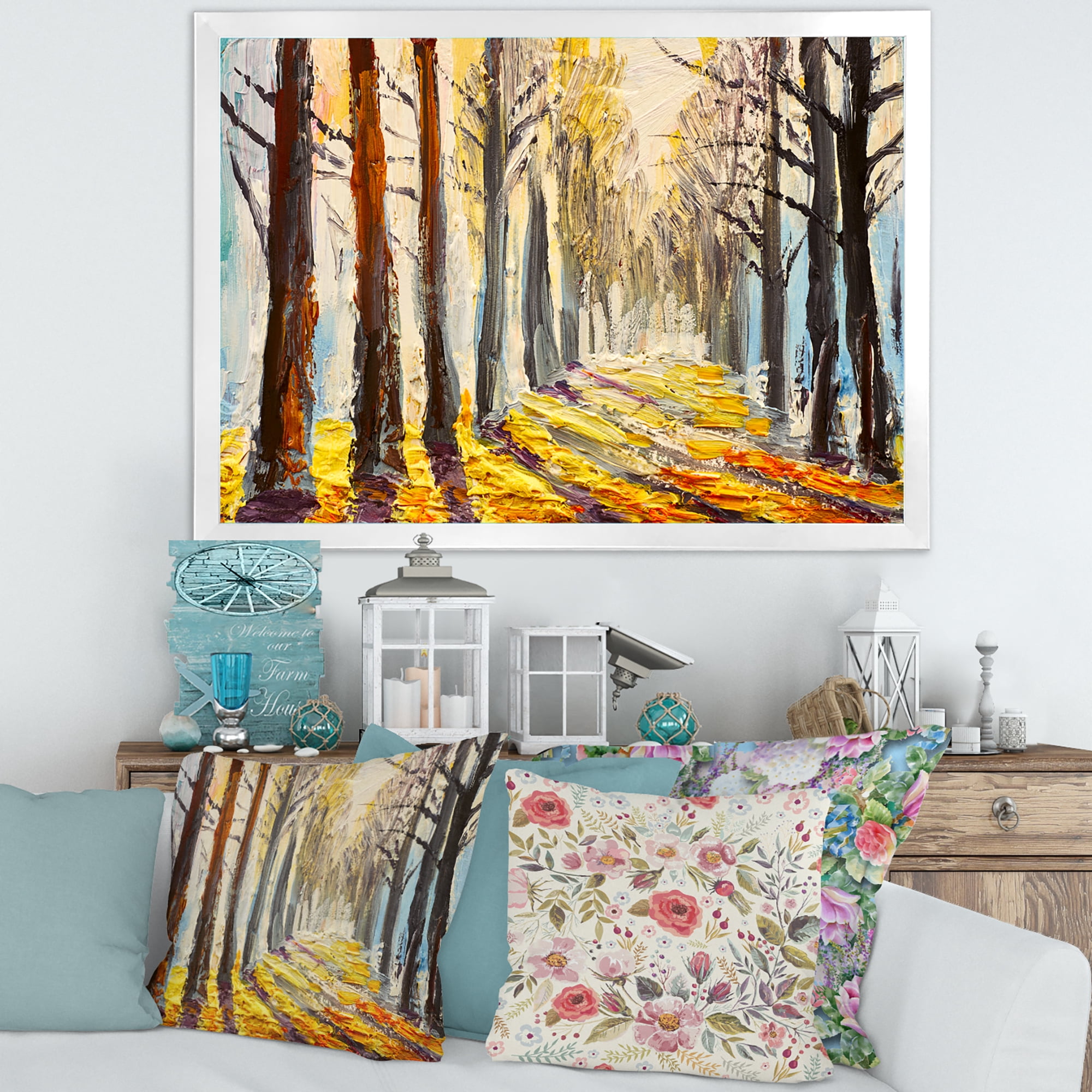 Designart 'Morning Glow Through The Autumn Trees' Lake House Framed Art Print