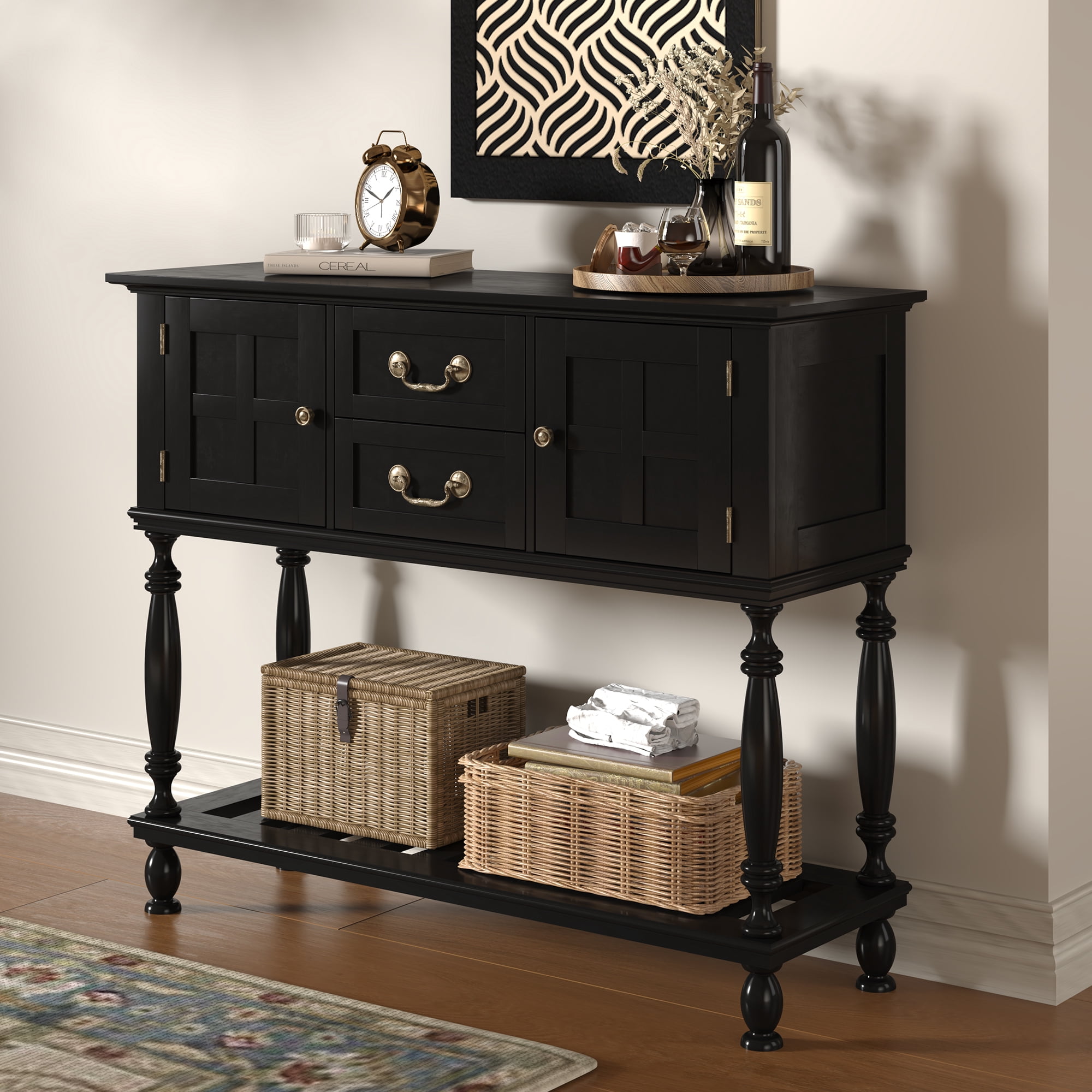 ZOSQUARE 42" Black Console Table with 2 Drawers and Cabinets, Farmhouse Entryway Table with Turned Legs and Bottom Shelf, Vintage Sofa Table for Living Room