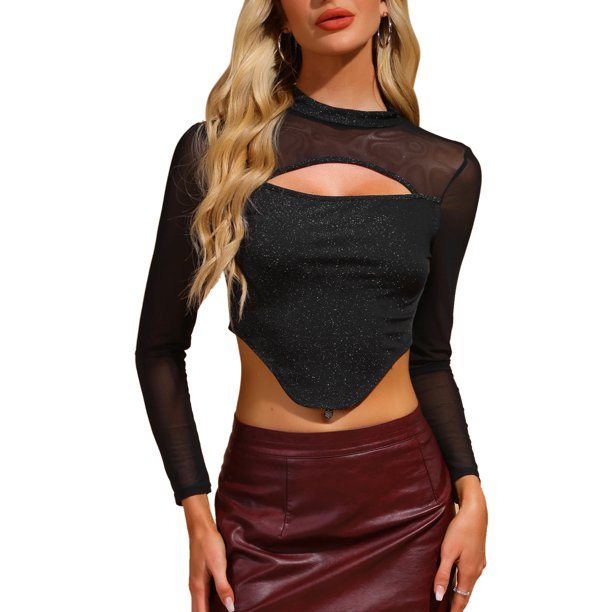 INSPIRAR CHIC Top Corto de Manga Larga con Brillo y Cuello Alto, Tejido de Malla, Clubwear, Talla XL, Negro Plateado