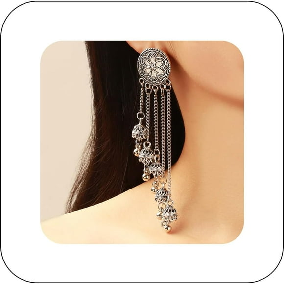PinesC Vintage Ethnic Dangle Earrings for Women Bohemian Beads Long Bell Layered Earrings Exotic Indian Traditional Wedding Earrings Jewelry Statement