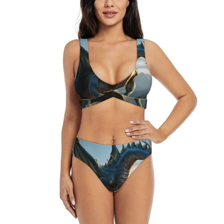 Zeuib Wild Blue Cool Dragon High Waisted Tummy Control Bikini Set - Knot Front Push Up Top & Cheeky Thong Bottom  Two-Piece Swimsuit for Women-Large