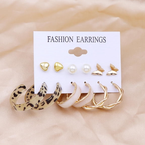6 Piece Leopard Print White Shell Twisted Gold Stud and Dangle Earring Set for Women Fall Halloween Christmas Gifts