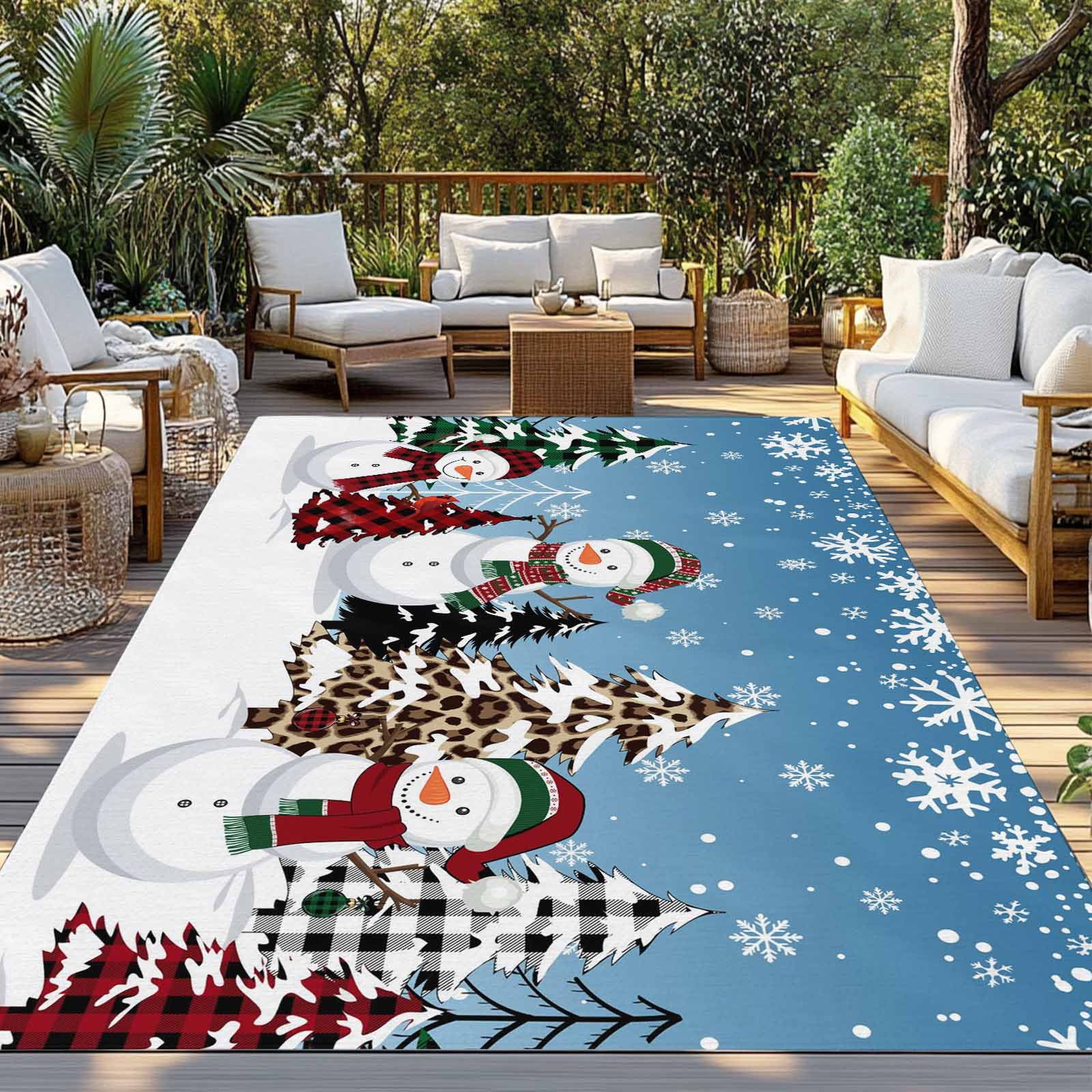 Fsddascl Christmas Snowman Blue Outdoor Rug for Patio/Deck/Porch, Non-Slip Large Area Rug 5 x 8 Ft, Xmas Tree Snowflake Indoor Outdoor Rugs Washable Area Rugs, Reversible Camping Rug Carpet Runner