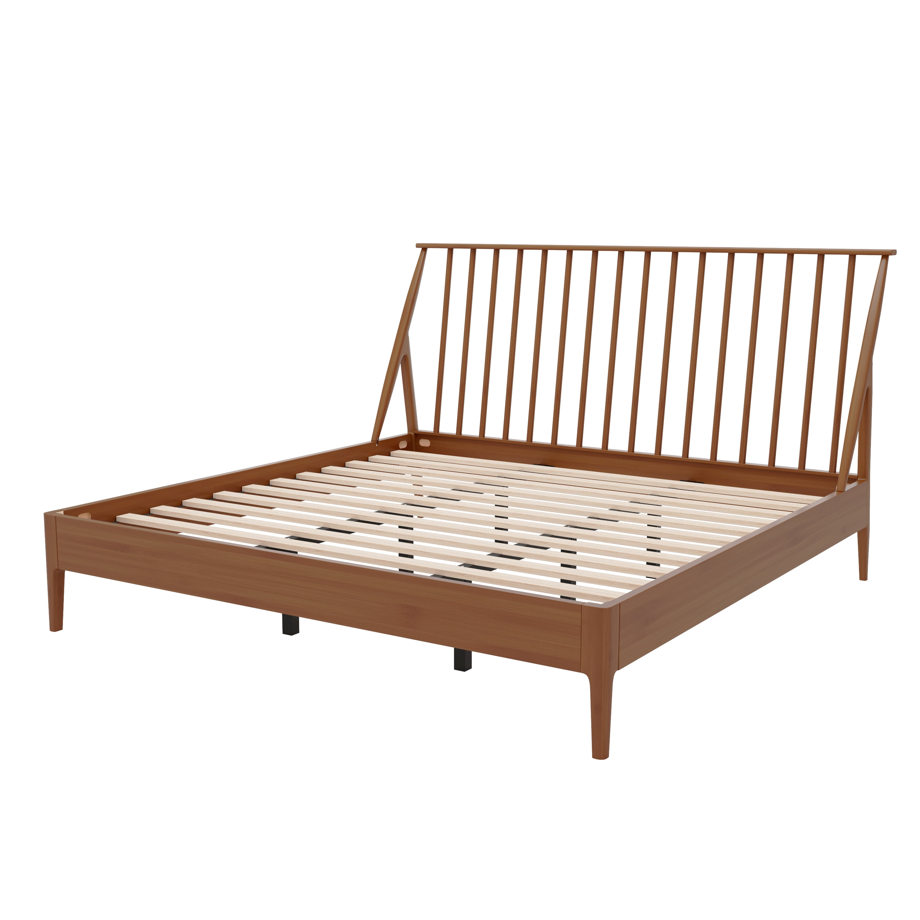 Euroco Bamboo Wood Spindle King Size Platform Bed with Tall Headboard, Bohemian Bed Frame with Wooden Slats and Metal Support, Mid-Century Modern Style, Warm Brown