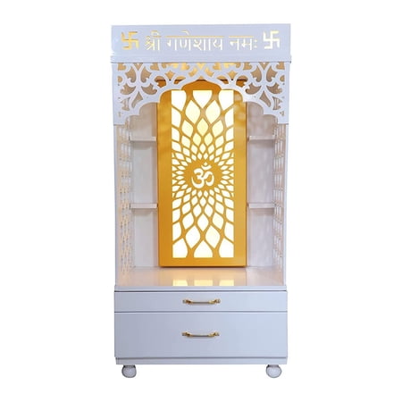 Wooden Temple White For Home And Office With LED Lights / Customized Desginer Mandir / White Acrylic High Gloss Cabinet Storage Pooja Ghar