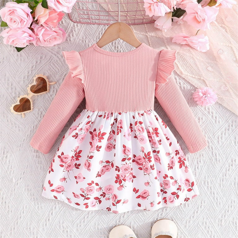 Lenpel Baby Girls' Dress Newborn Ribbed Crew Neck Ruffle Long Sleeve Floral  Romper Dresses Infant Spring Fall Outfits - Walmart.com