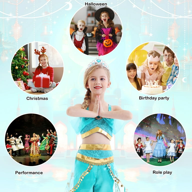 Jurebecia Jasmine Princess Dress for Girls, Blue Sequined Cosplay Costume  with Accessories - Walmart.com