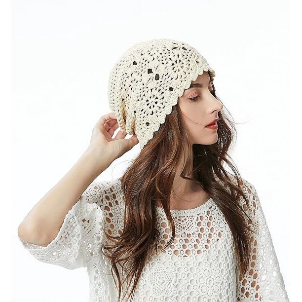 5 Crochet Slouchy Beanie Hats Handmade Knit Floral Skull Cap Lightweight Cotton Vorkoi Crochet Slouchy Beanie Hat, Lightweight Cotton Knit  main image 2