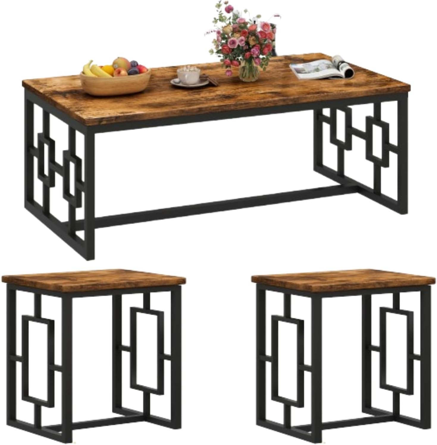 Coffee Table Set of 3, Vintage Wood Coffee Table & 2 End Tables, Square Tabletop Modern Industrial Living Room Table 3-Piece Set for Apartment Home Office, Rustic Brown Rustic Brown 43.3
