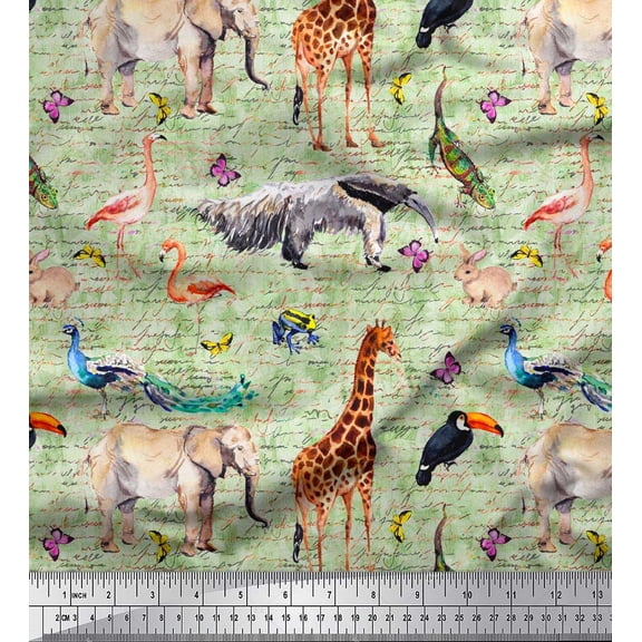 Soimoi Green Cotton Duck Fabric Birds,Elephant & Giraffe Animal Fabric Prints by Yard 42 Inch Wide