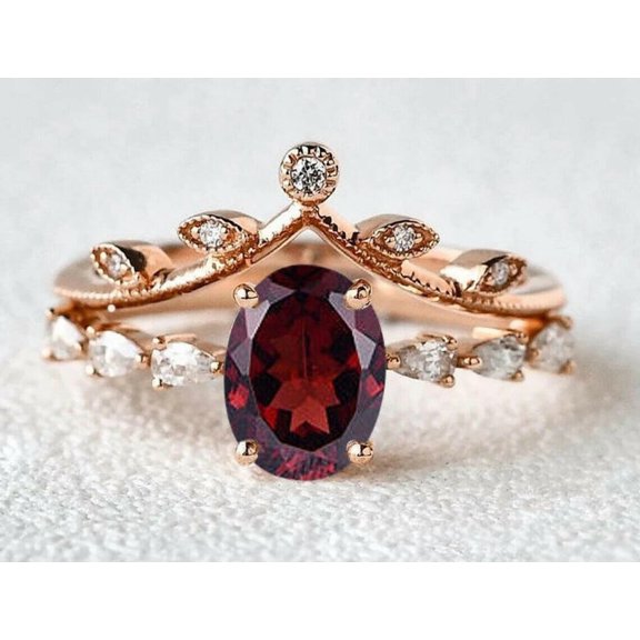 Aishvi Jewels 2.50Ct Oval Cut Lab-Created Red Garnet Bridal Engagement Ring Set 14K Yellow Gold Plated