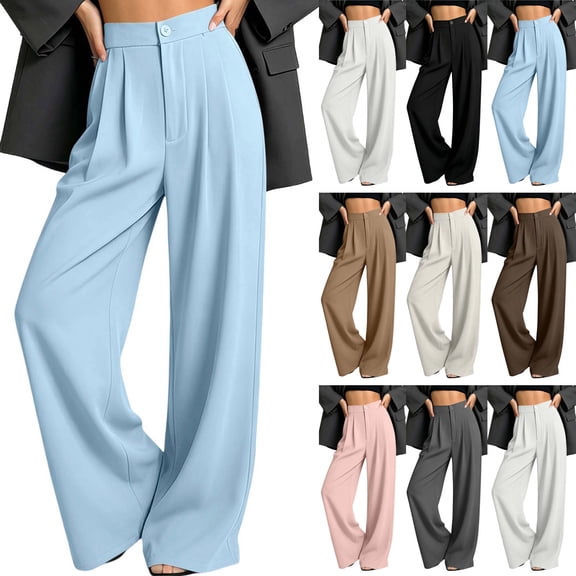 Business Office Slacks Dress Pants For Women Elegant High Rise Pleated Wide Leg Pant Ladies Button Closure Flowy Suit Pant Lightweight Straight Trousers