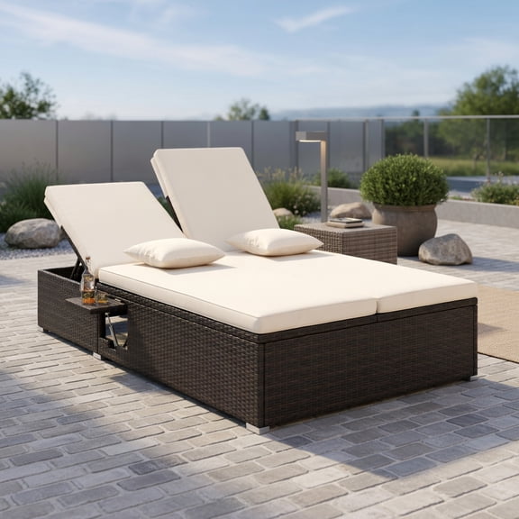 Topcobe Patio Double Chaise Lounge with Cushions and Folding Side Trays, Outdoor Patio Furniture-Beige