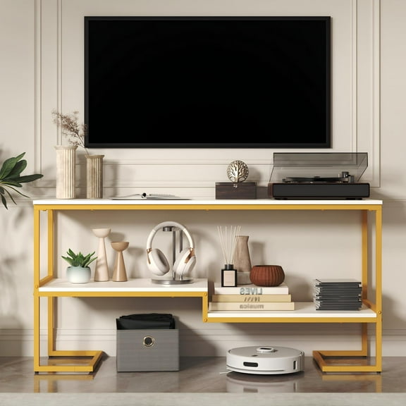TV Stand for TV up to 60 Inch, TV Console Table with Open Storage Shelves, Industrial Media Entertainment Center for Living Room, Bedroom, White and Gold