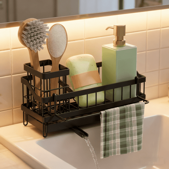 Sponge Holder for Kitchen Sink，Stainless Steel Sink Caddy Organizer with Brush and Dishcloth Holders，Divider Kitchen Gadgets Organizer for Countertop, Black