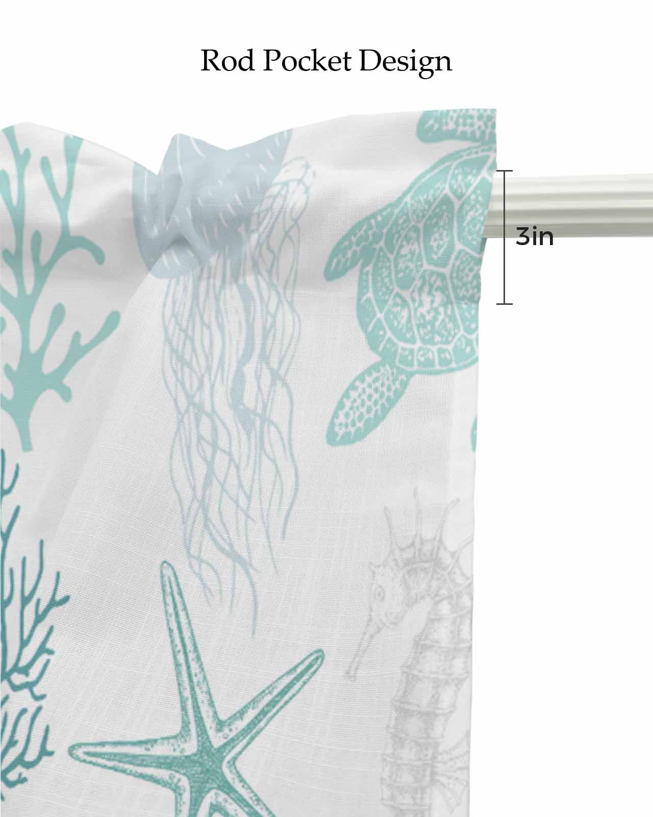 Coastal Turquoise Turtle Linen Curtain Valance for Bedroom/Bathroom/Kitchen/Office/Living/Dining Room Windows,Watercolor Gradient Coral Shell White Pocket Topper Drapes Decorative Cafe Drapery 54x18