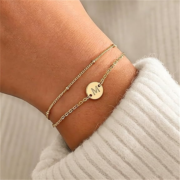 Gold Plated Dainty Layered Initial M Bracelet, Charm Jewelry for Women