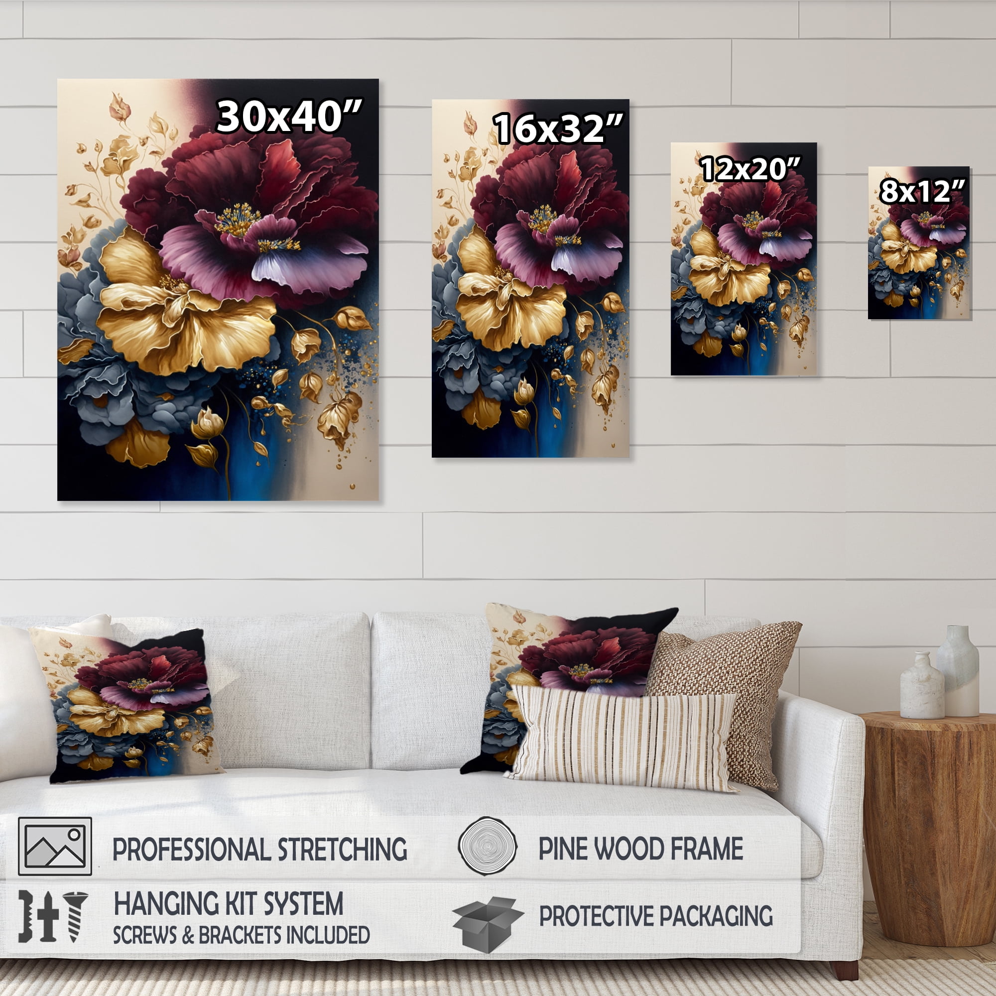 Designart Burgundy And Blue Floral Bunch I Canvas Wall Art