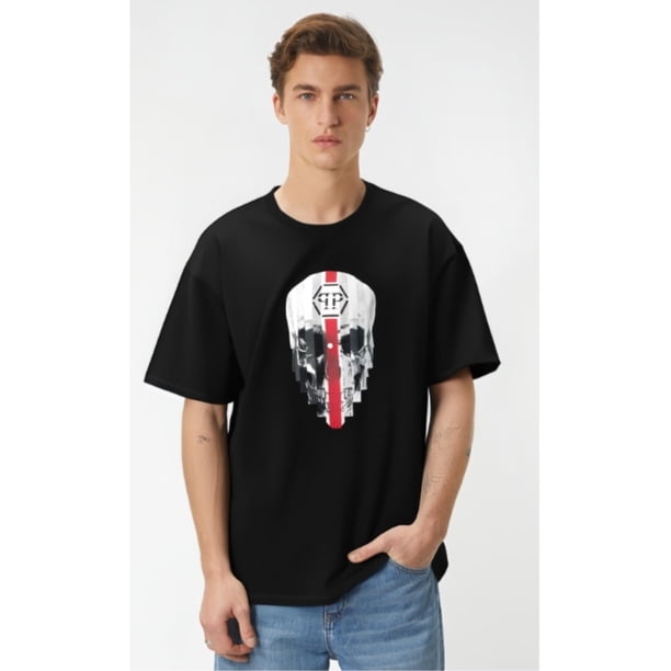 Men'S Summer 2025 Geometric Skull Print T-Shirt, Casual Crew Neck Short Sleeve Tee, Slight Stretch, Regular Fit, Street Fashion Style