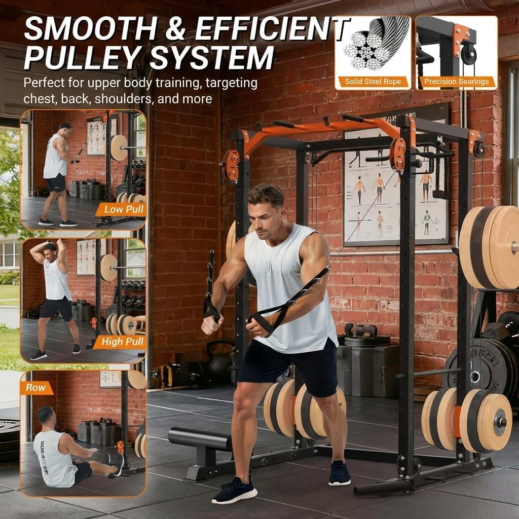 JoanKaren Power Rack Cage,2000lbs Capacity Weight Rack with Adjustable Cable Crossover Machine,Multi-Function Squat Rack with J Hooks,Dip Bars and Landmine,Balck&Orange