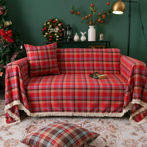 Nvzi Christmas Couch Cover - Modern Coffee Plaid Jacquard Sectional Sofa Slipcover 71"x 71", Red