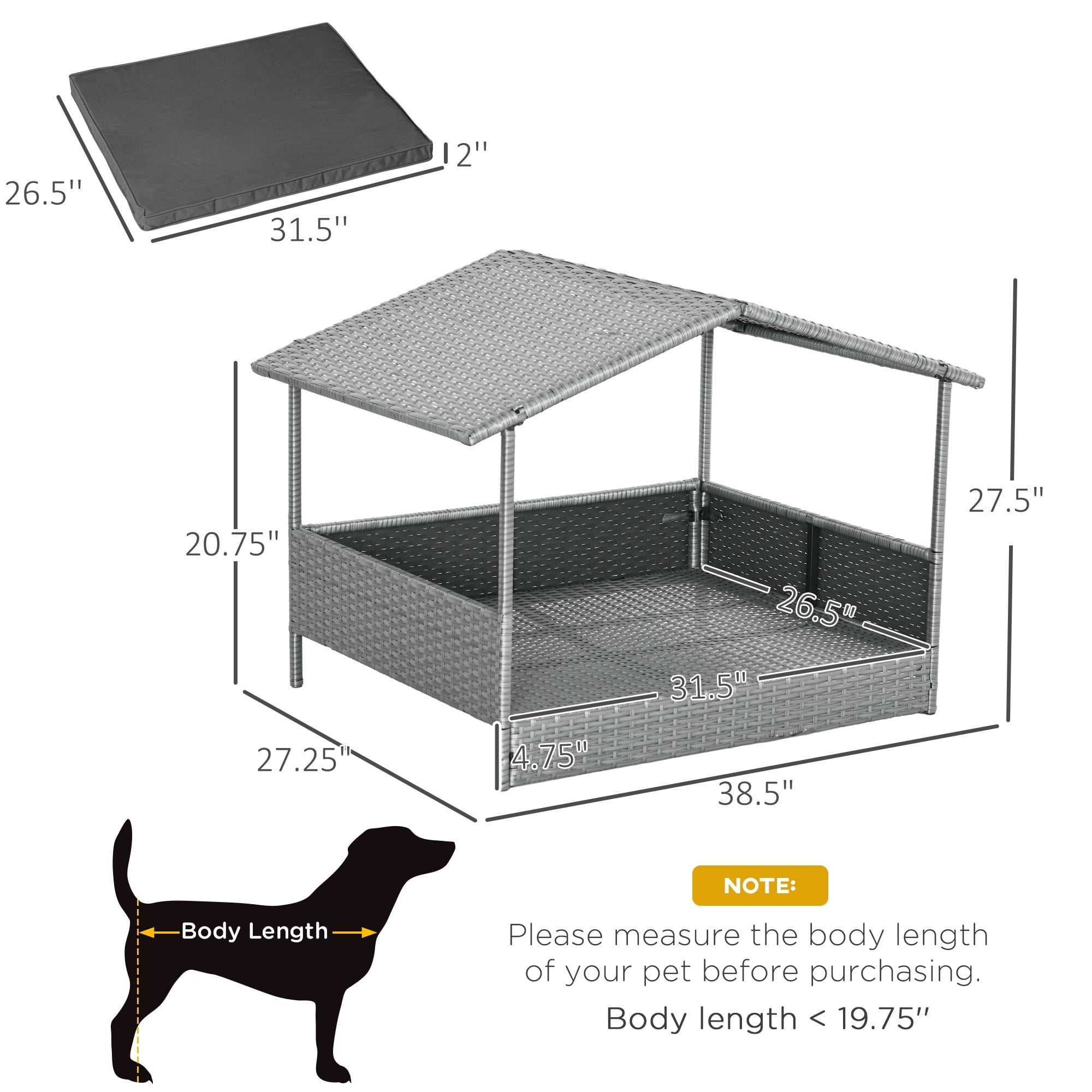 YIYADO Wicker Outdoor Dog Bed with Canopy, Rattan Dog House with Water-Resistant Cushion, Gray