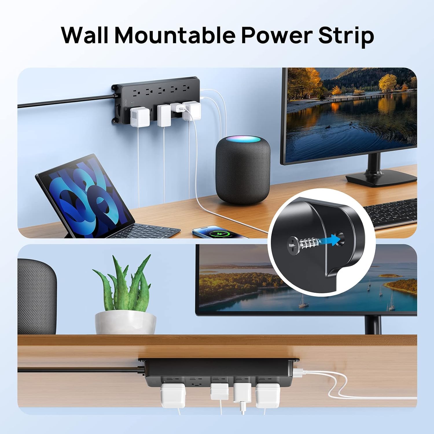 TROND Power Strip Surge Protector, ETL Listed, Flat Plug 15ft Long Extension Cord, 10 Widely Spaced AC Outlets, 2 USB A & 2 USB C Ports, 4000J, Wall Mount/Screw On, Under Desk/Cabinet/Counter, Black