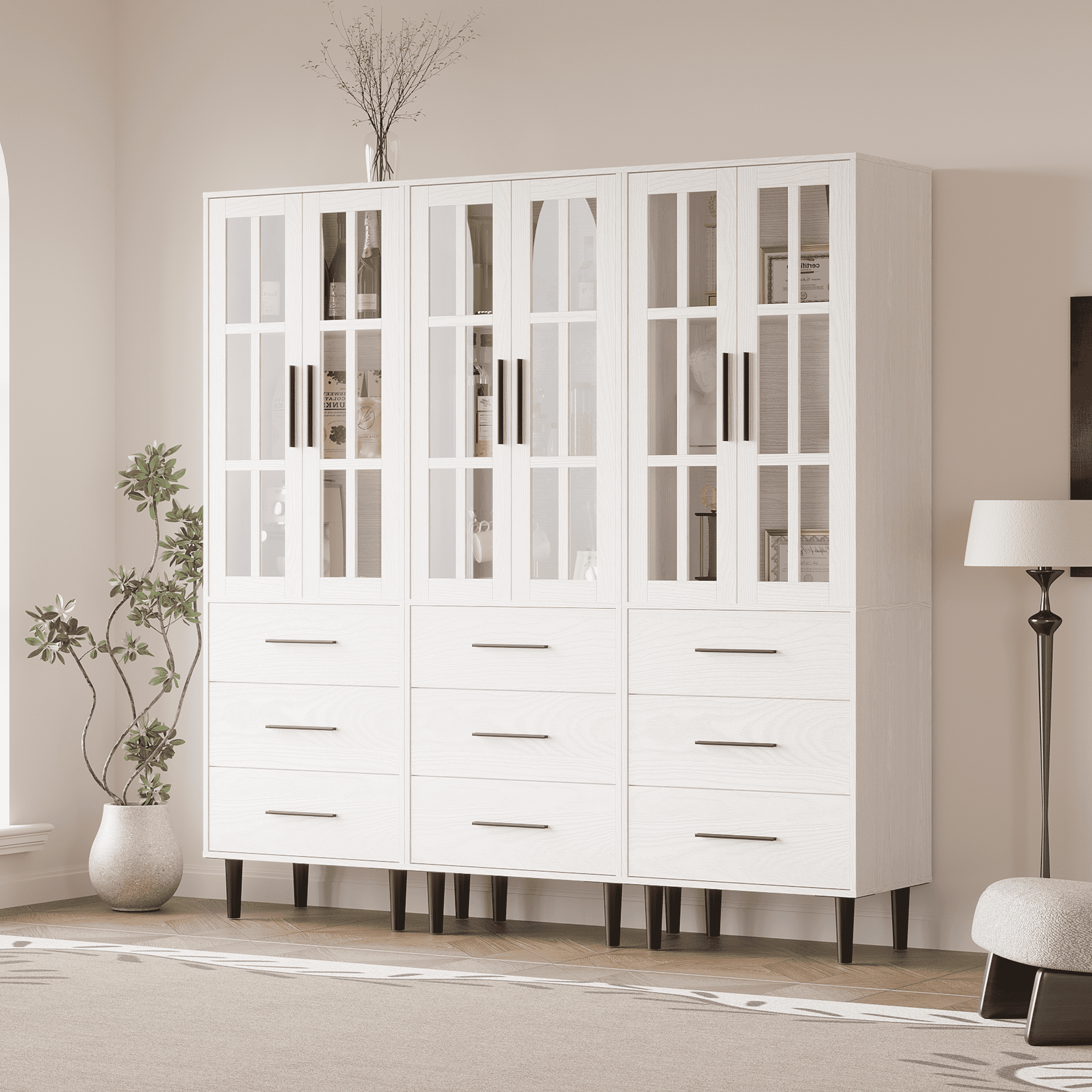 RichYa 71"H Tall Bookcase with Drawers,2 Doors Display Bookshelf with Metal Legs,6 Tier Storage Cabinets for Living Room,Home Office,White(B)