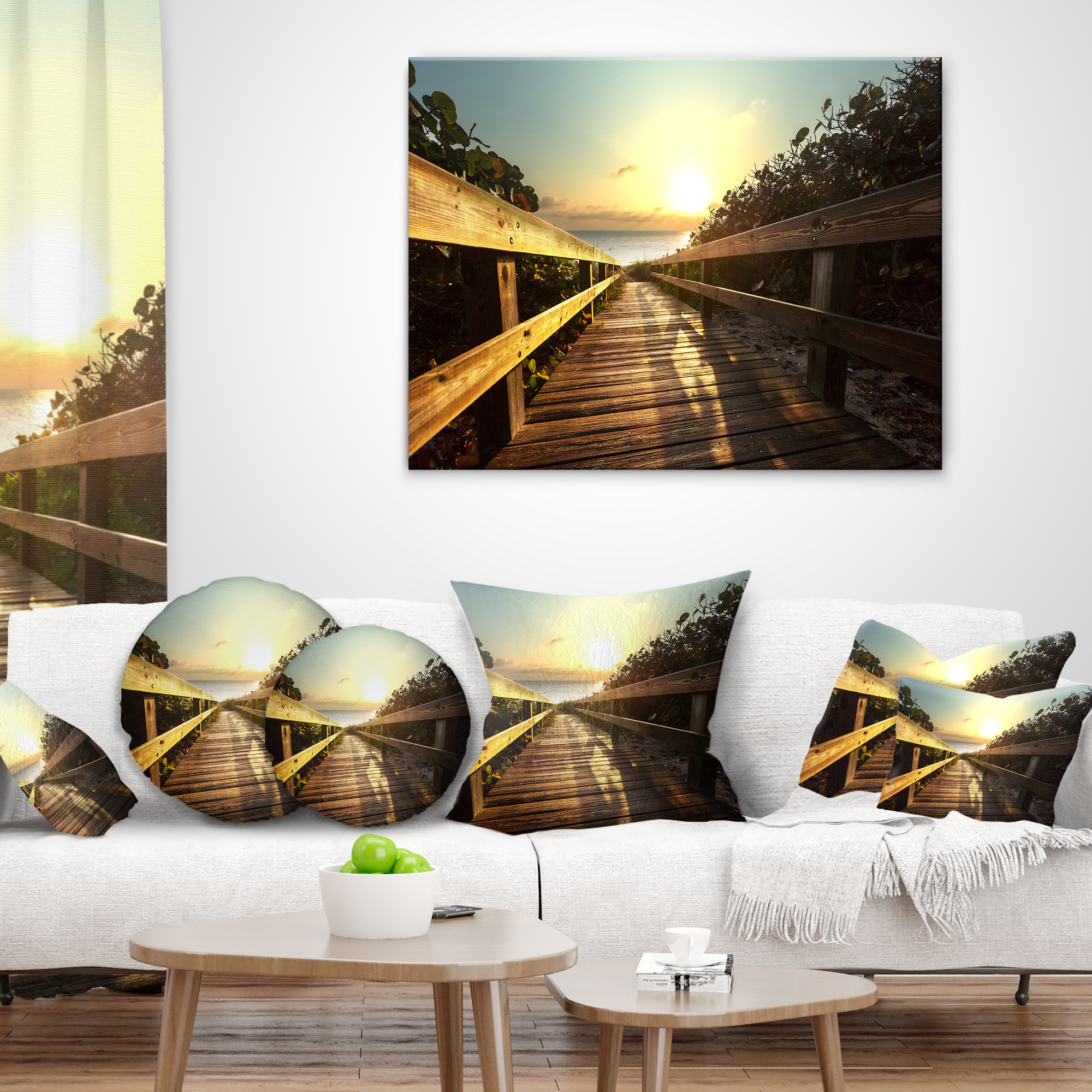 Designart Wood Boardwalk into the Sunset Sea - Bridge Throw Pillow - 16x16