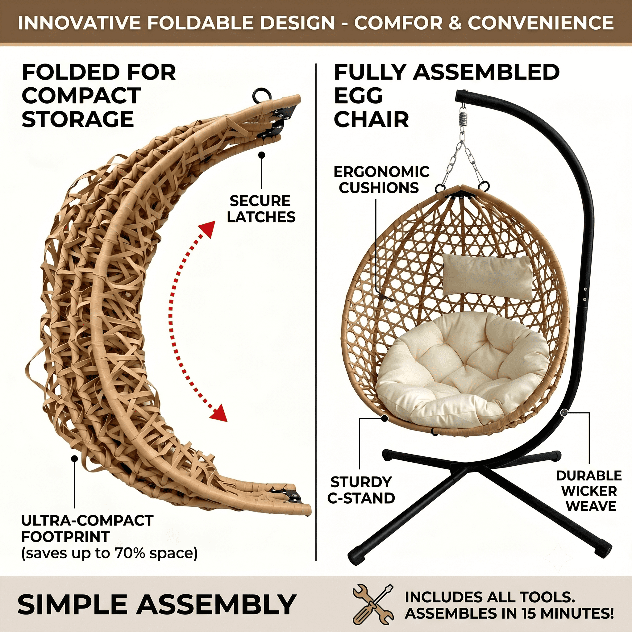Foldable Hanging Egg Chair with Stand, HDPE Rattan Wicker Swing Chair with Washable Cushion, 350 LBS Anti-Rust Steel Frame for Indoor Bedroom Balcony Outdoor Patio Garden