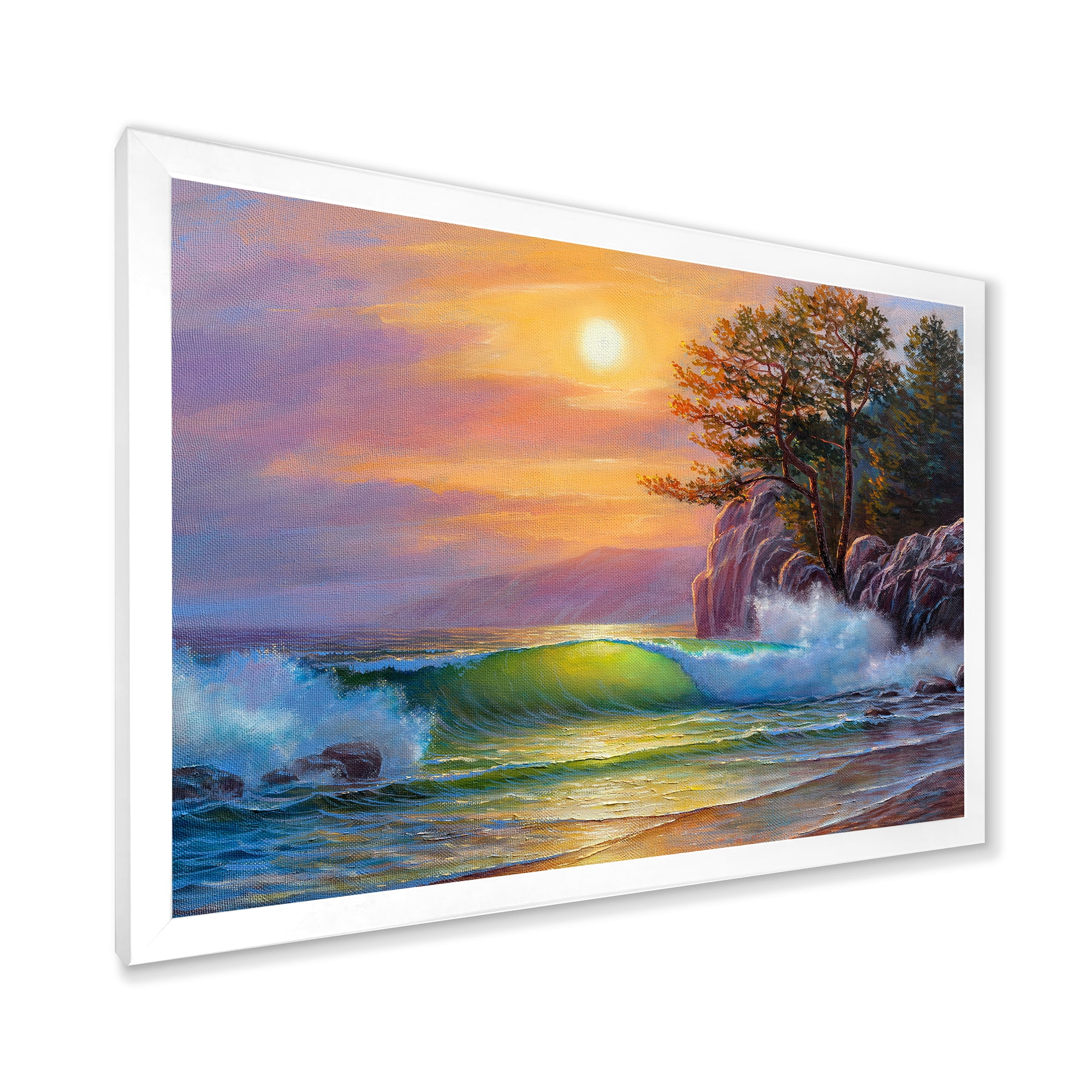 Designart 'Sunrise On Sea Waves By The Pine Trees' Nautical & Coastal Framed Art Print
