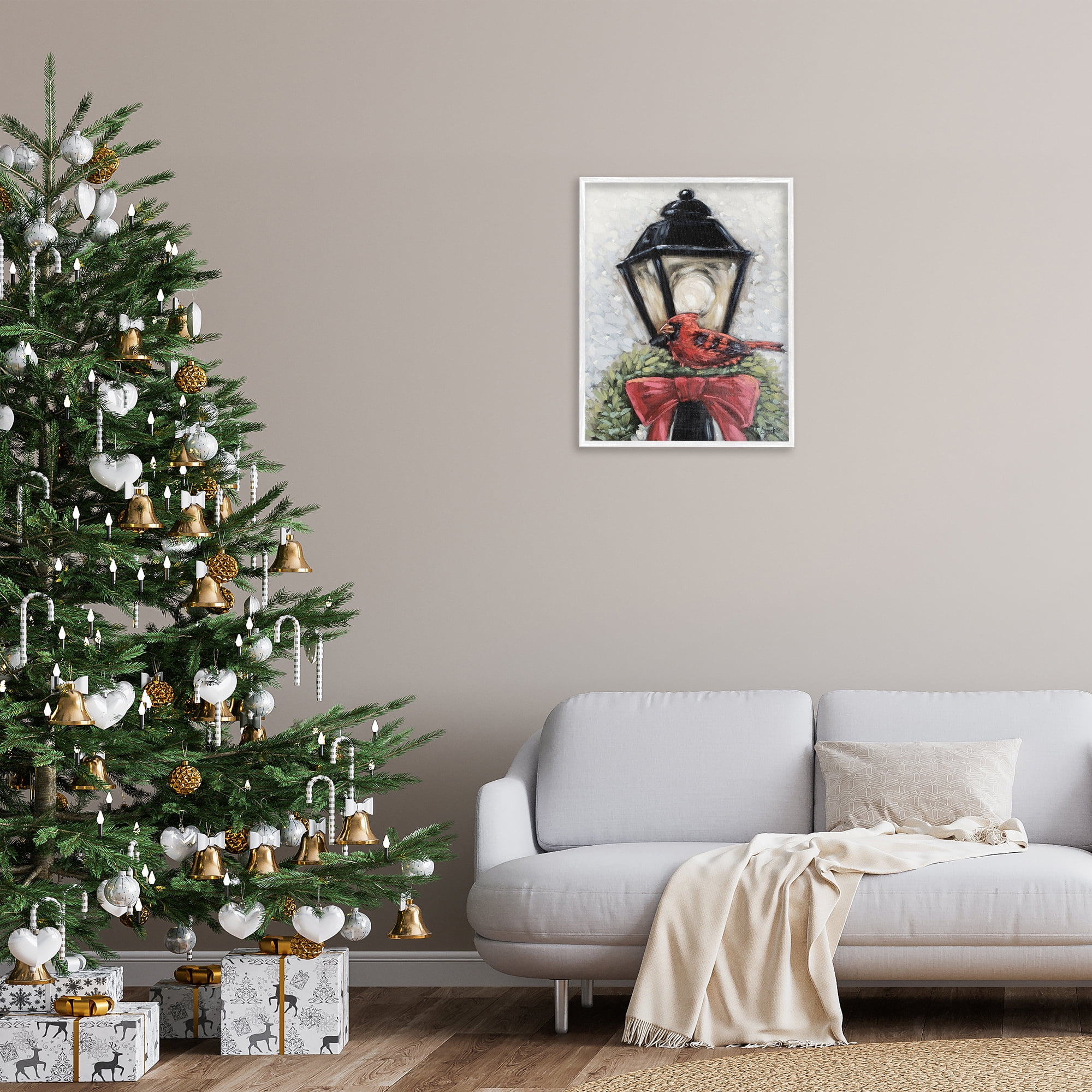 Stupell Industries Cardinal & Holiday Lamp Holiday Painting White Framed Art Print Wall Art, 24 x 30