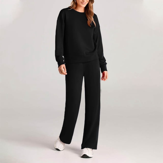 Frostluinai Ensembles de Survêtements 2 Pcs pour Femmes Chandails en Molleton à Manches Longues Col Rond Pantalons Droits Taille Haute avec Cordon de Serrage Survêtements Athlétiques Unis