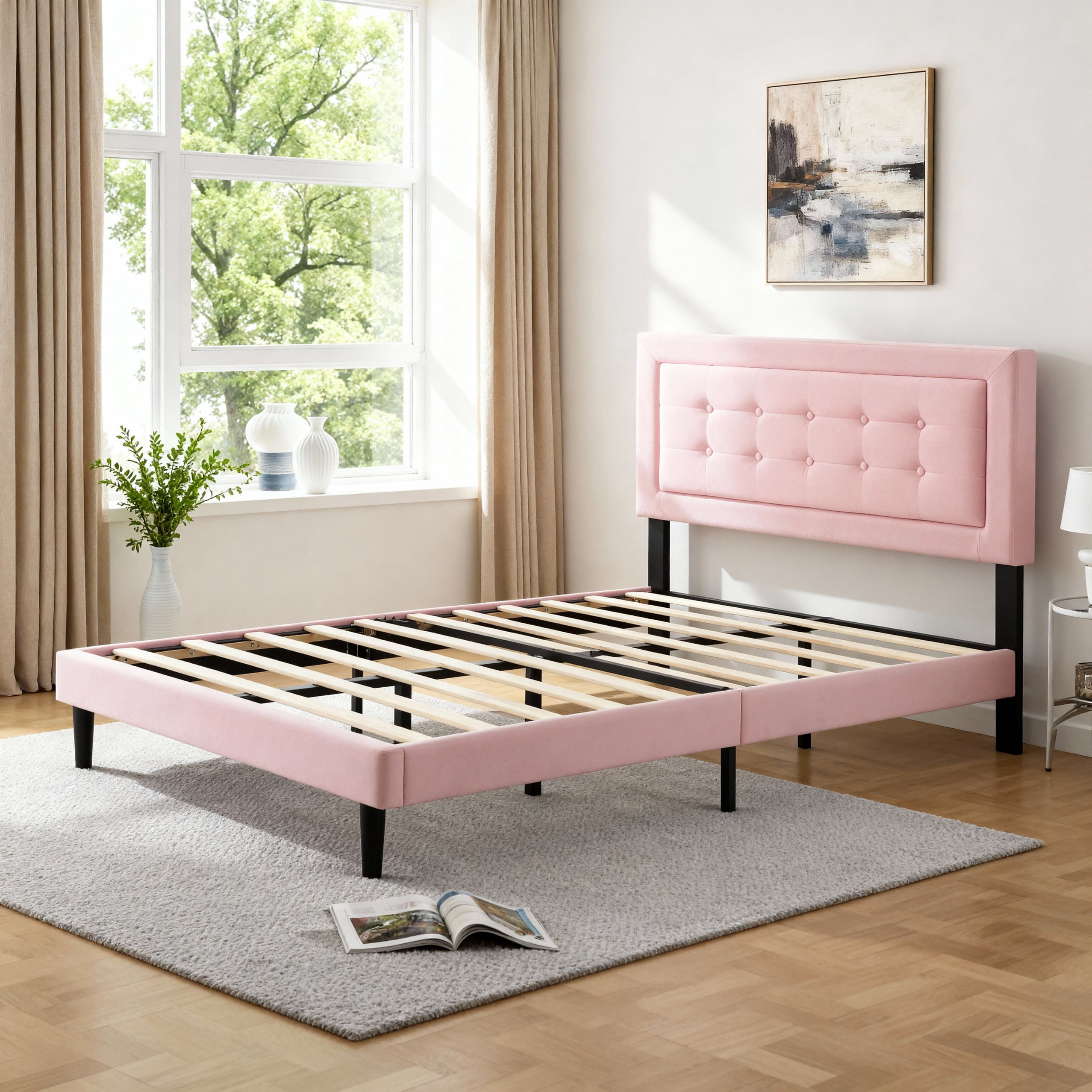 BSHTI Full Size Upholstered Platform Bed Frame with Square Tufted Headboard, Solid Wood Frame, 10 Wood Slats, No Box Spring Needed（Pink ）