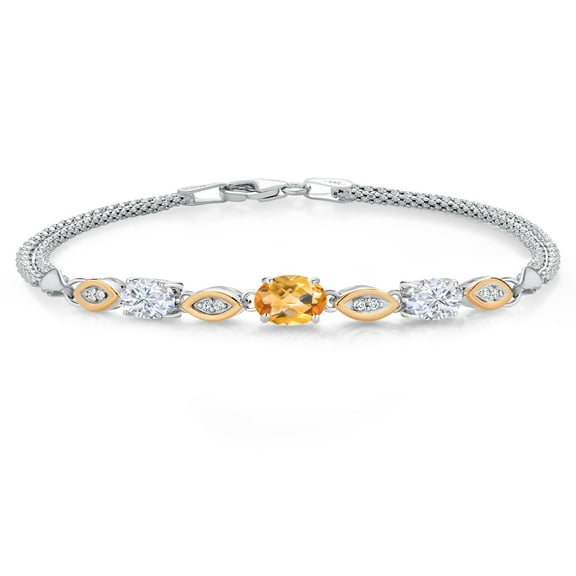 925 Silver and 10K Yellow Gold Yellow Citrine and White Moissanite and White Lab Grown Diamond Bracelet for Women (1.78 Cttw, November Birthstone, Oval Checkerboard, Wheat Chain, 6.5 inches)