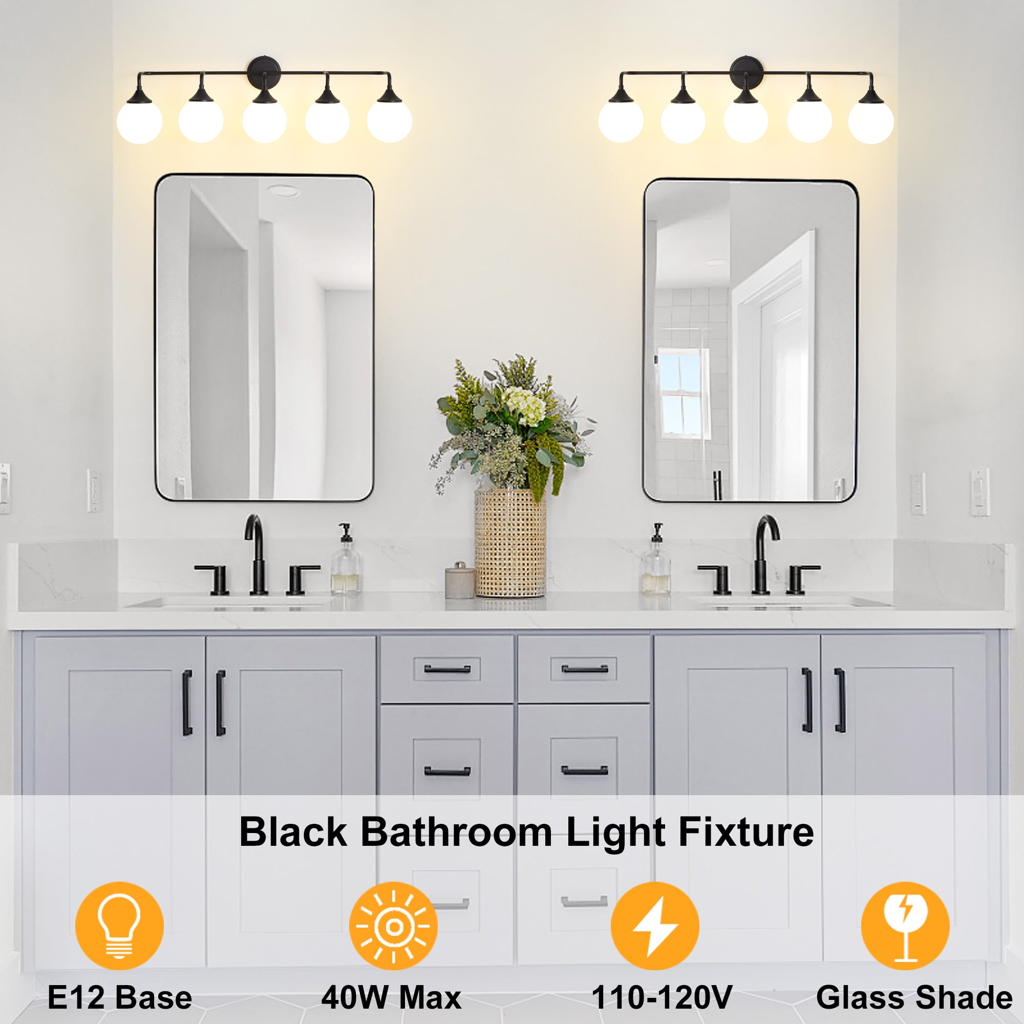 Deyidn 5-Light Black Modern Vanity Light, 39 Inch Dimmable Bathroom Light Fixture with Opal Glass Globes for Mirror