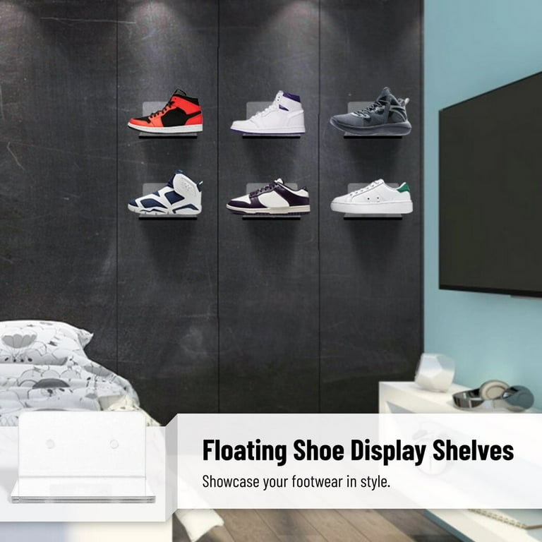 6 Pack Floating Shoe Display Shelves Wall Mounted Shoe Organizer Racks Clear Acrylic Sneaker Shelves for Showcase Sneaker or Shoes Box