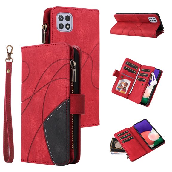 Multifunctional Case for Samsung A22 5G,[RFID Blocking] 9 Credit Cards Holder with Wrist Strap, Premium PU Leather Zipper Wallet Purse Magnetic Flip Phone Cover for Samsung Galaxy A22 5G, Red