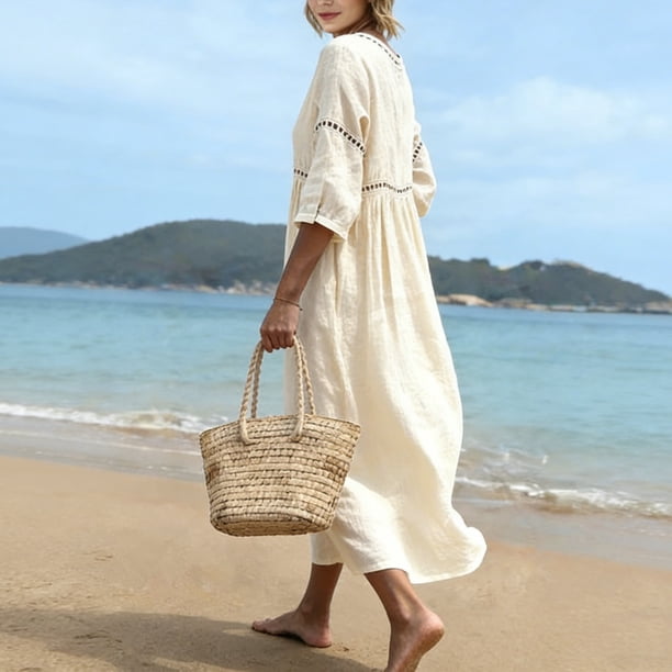 Xuyuer Women's Summer Designer Casual 3/4 Sleeve V-Neck Linen Dress -  Lightweight Midi Dress for Spring, Women's Dress