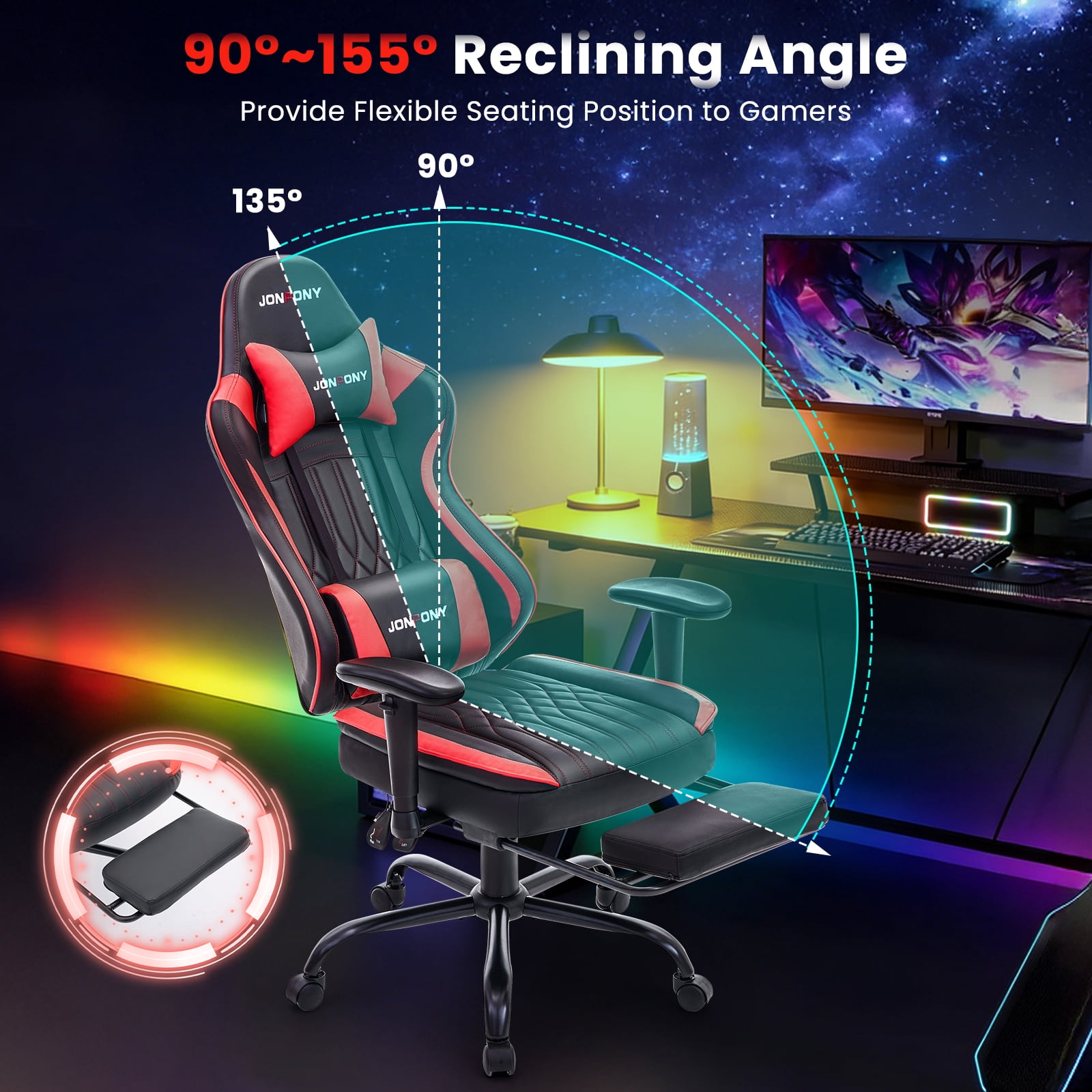 JONPONY Big and Tall 500lbs Gaming Chair with Bluetooth Speakers, Gamer Chair with Footrest and Lumbar Support & 360-Swivel Seat, Ergonomic Gamer Chair with Headrest, Red