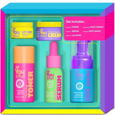 BeYoutiful 5-Piece Teen Skincare Gift Set, Face Wash, Toner, Serum, Moisturizer & Lip Mask, Vegan & Cruelty-Free