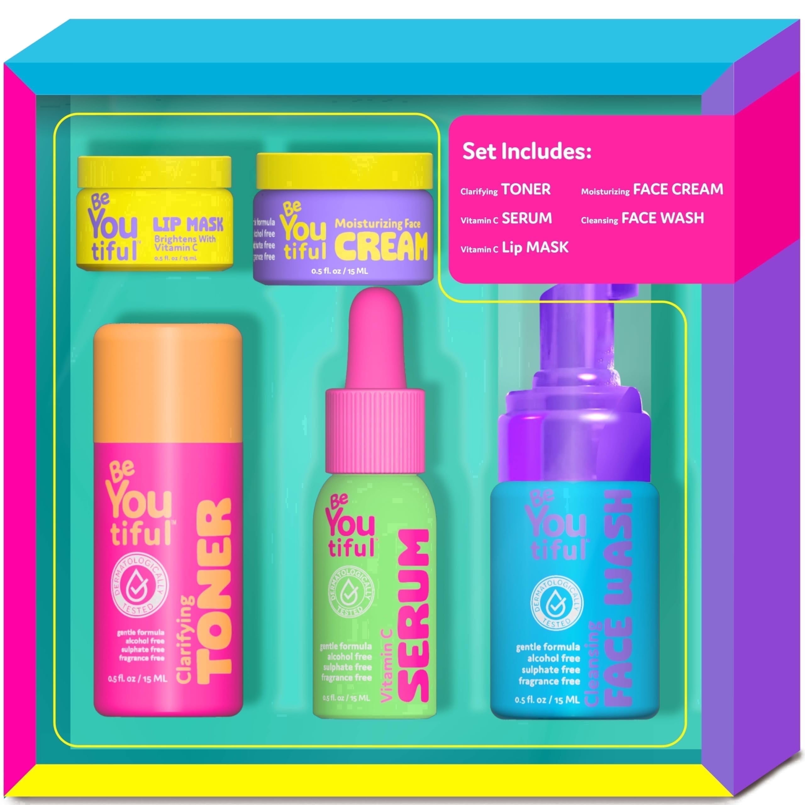 BeYoutiful 5-Piece Teen Skincare Gift Set, Face Wash, Toner, Serum, Moisturizer & Lip Mask, Vegan & Cruelty-Free