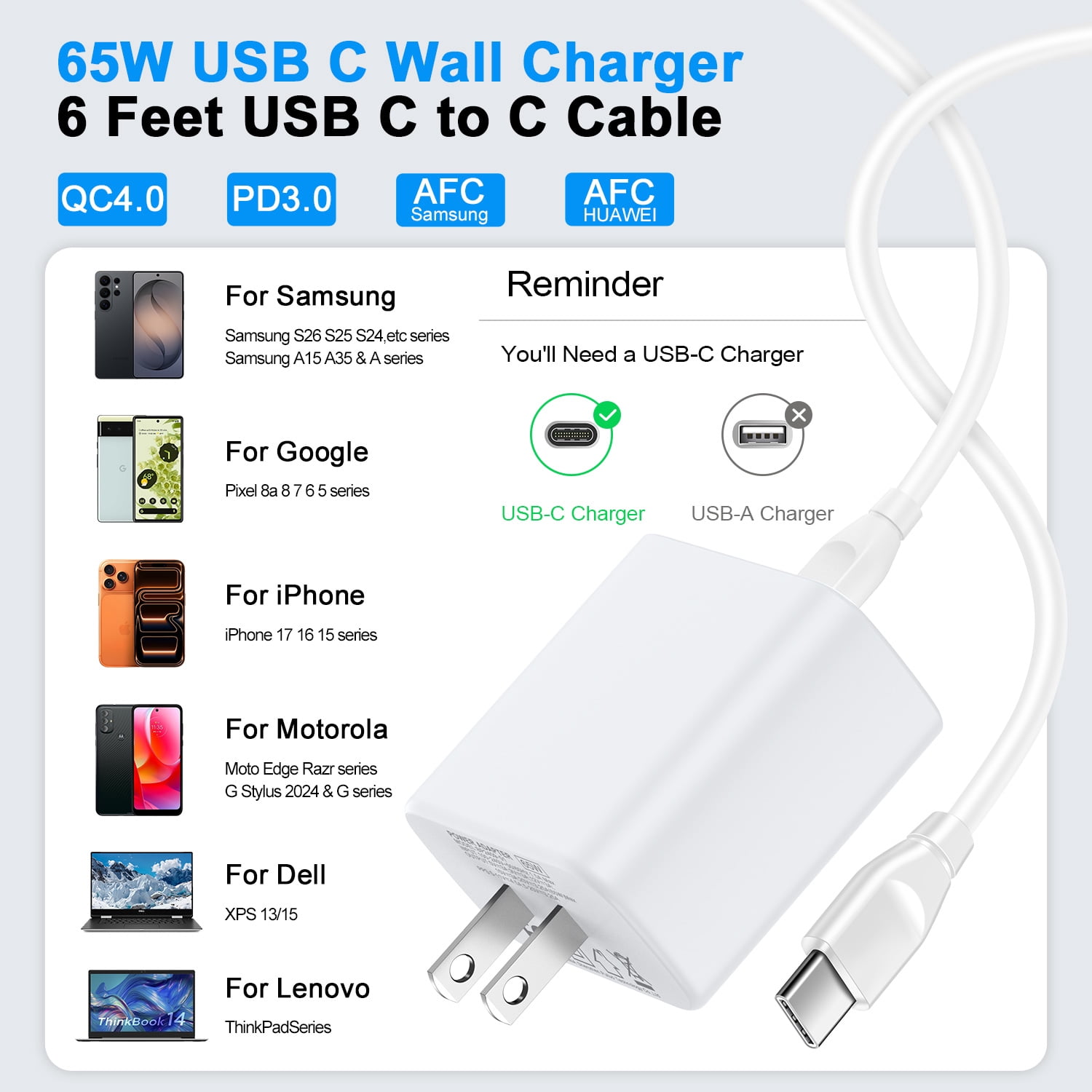 65W Super Fast Charger,ABCPOW Android Phone Charger Block USB C Charging Cable Cord 6ft Type C Charger Cable USB C Charging Block Type C Charger Compatible for Samsung Galaxy S26 S25+ S25 S24 Ultra